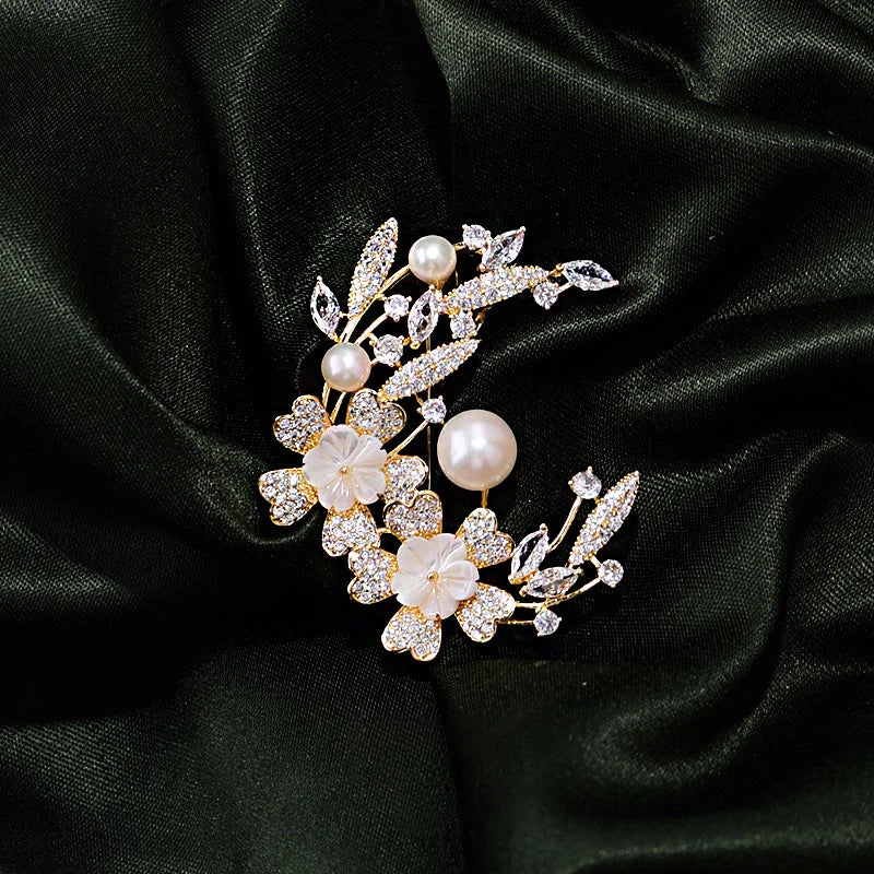 Elegant Laurel Goddess Brooch with Natural Pearls and Shell Flowers