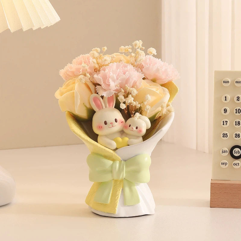 Creative Artificial Bouquet Figurine, Cat & Bunny Resin Flower Decor