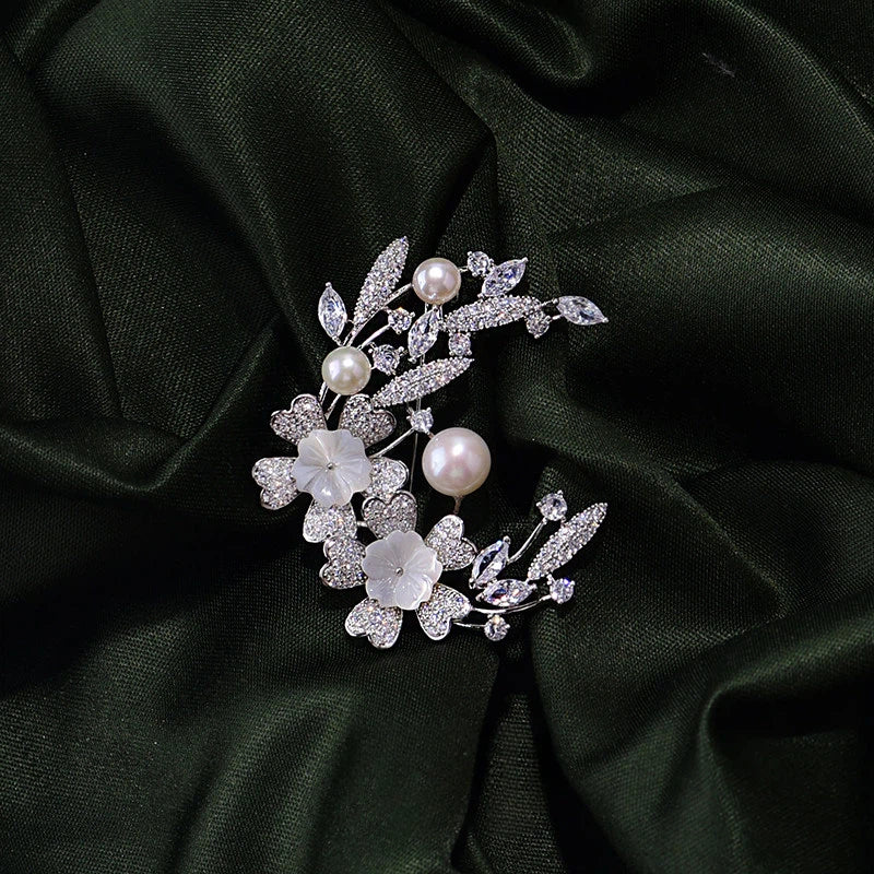 Elegant Laurel Goddess Brooch with Natural Pearls and Shell Flowers