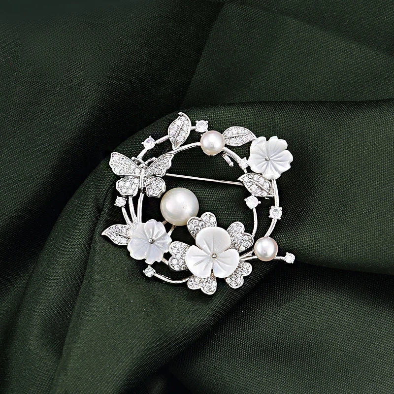 Elegant Laurel Goddess Brooch with Natural Pearls and Shell Flowers