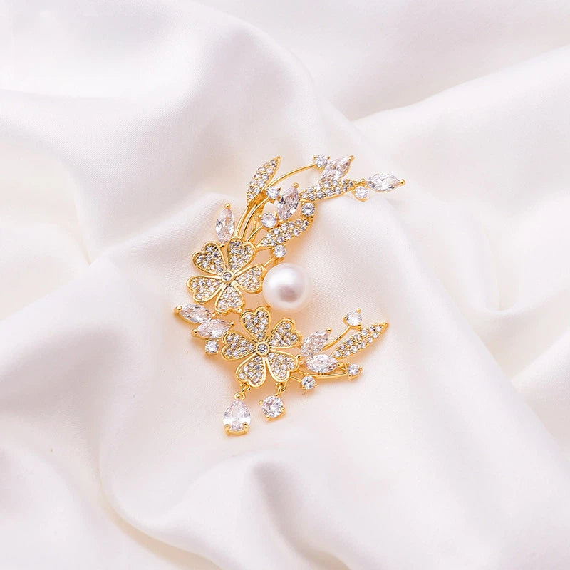 Elegant Laurel Goddess Brooch with Natural Pearls and Shell Flowers