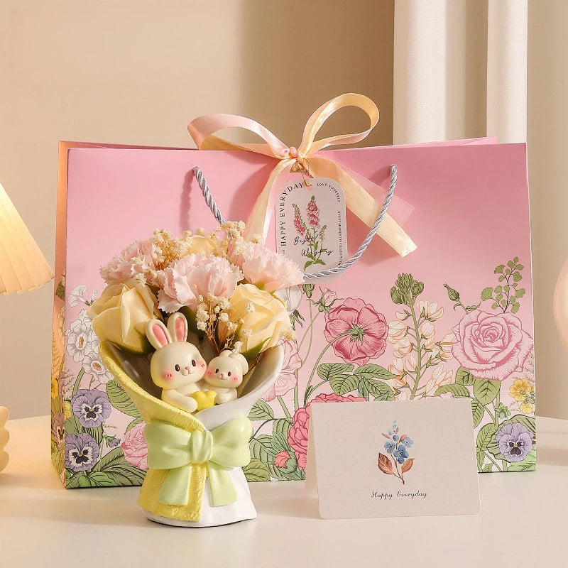 Creative Artificial Bouquet Figurine, Cat & Bunny Resin Flower Decor