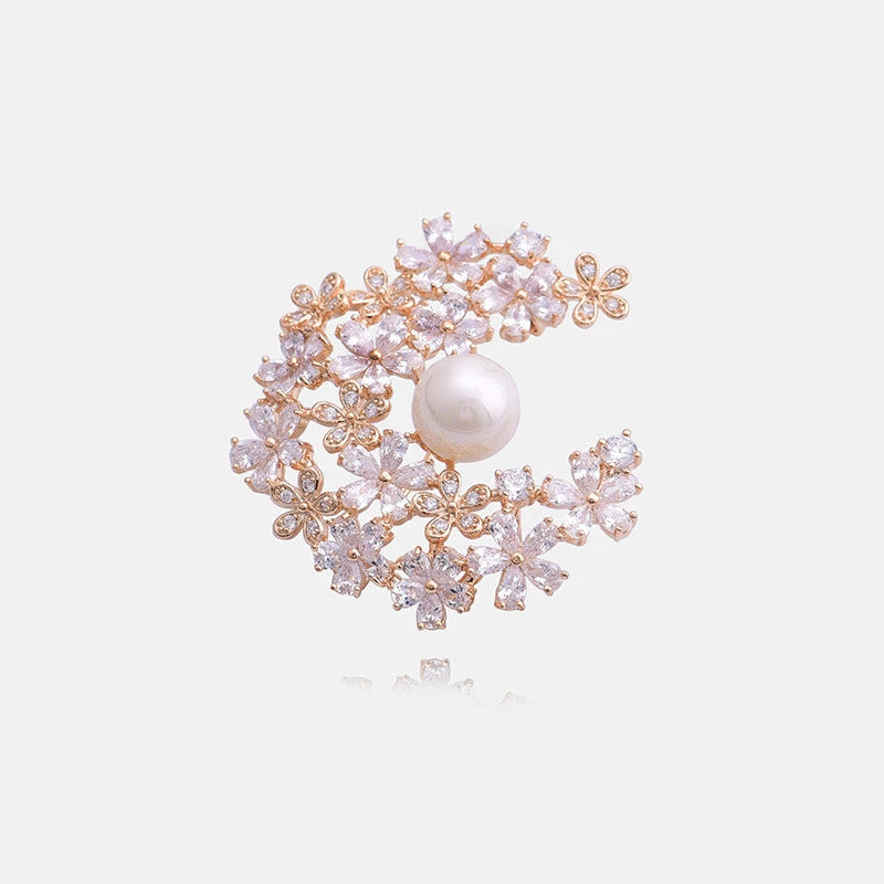 Elegant Laurel Goddess Brooch with Natural Pearls and Shell Flowers