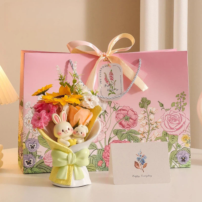 Creative Artificial Bouquet Figurine, Cat & Bunny Resin Flower Decor