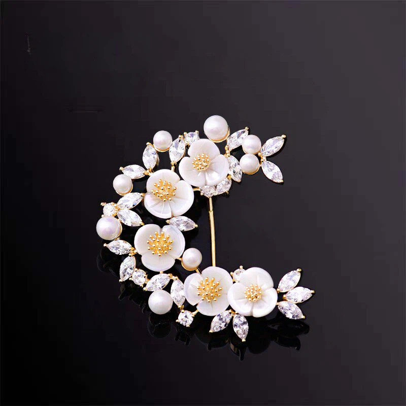 Elegant Laurel Goddess Brooch with Natural Pearls and Shell Flowers