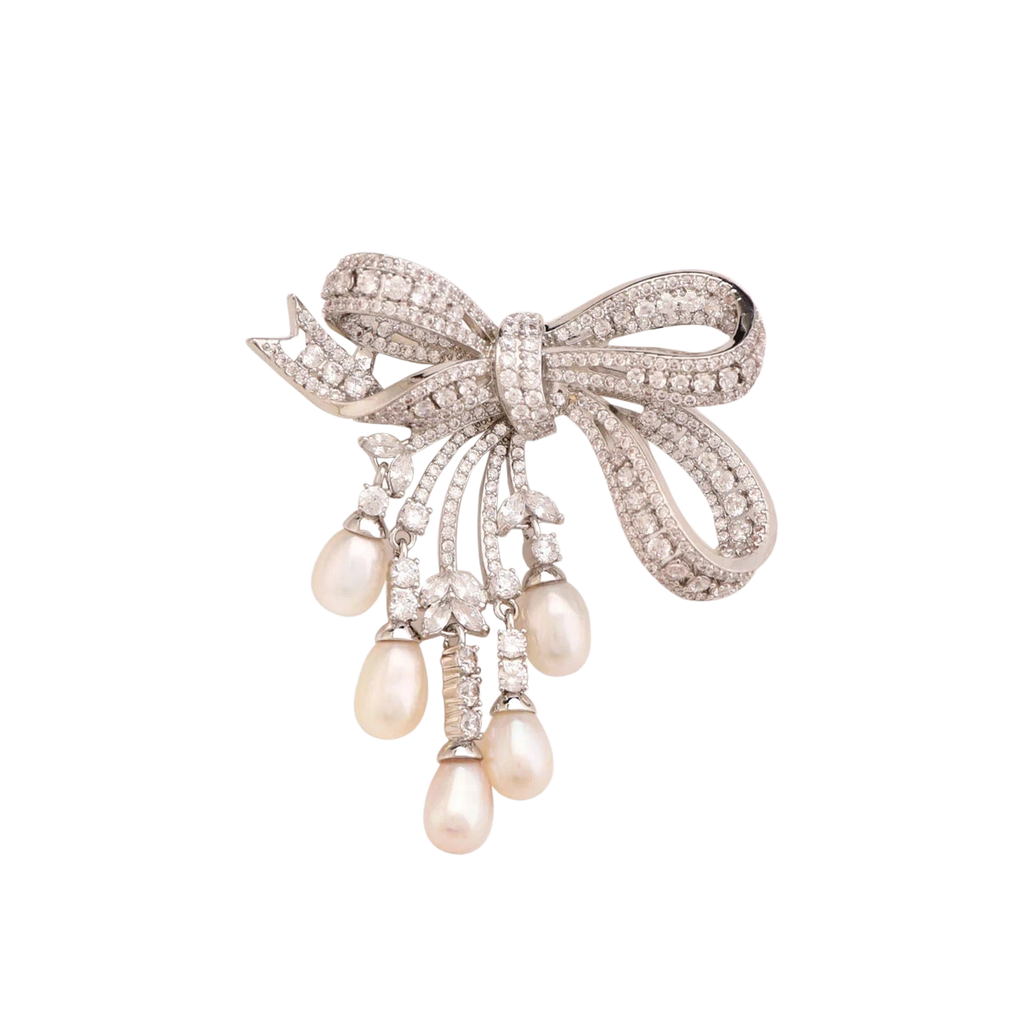Elegant French Style Bow Brooch with Natural Pearls & Zircon