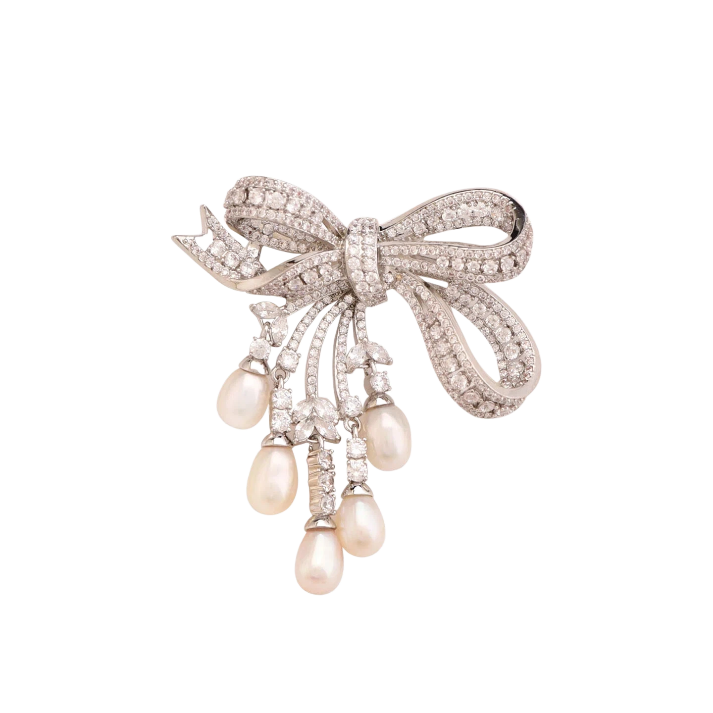 Elegant French Style Bow Brooch with Natural Pearls & Zircon