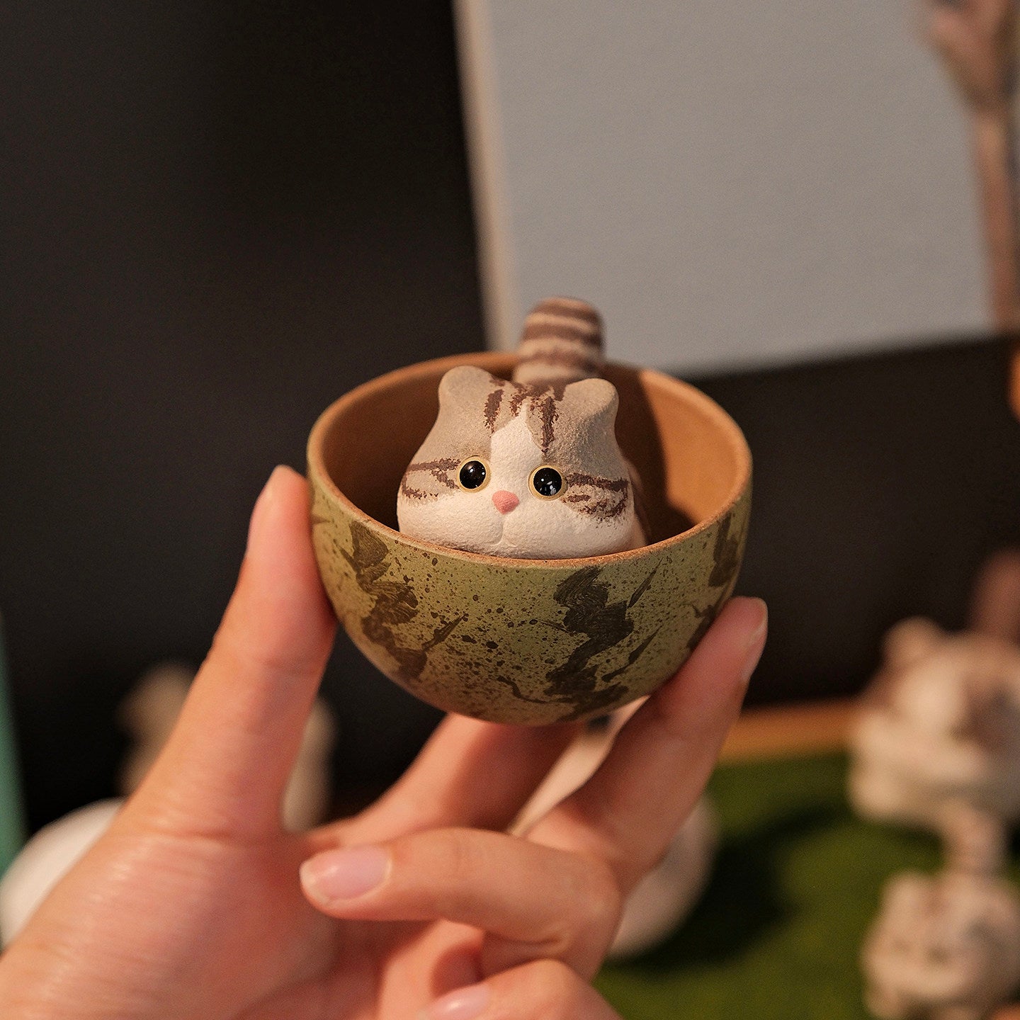 Handmade Miniature Purple Clay Cat Figurine