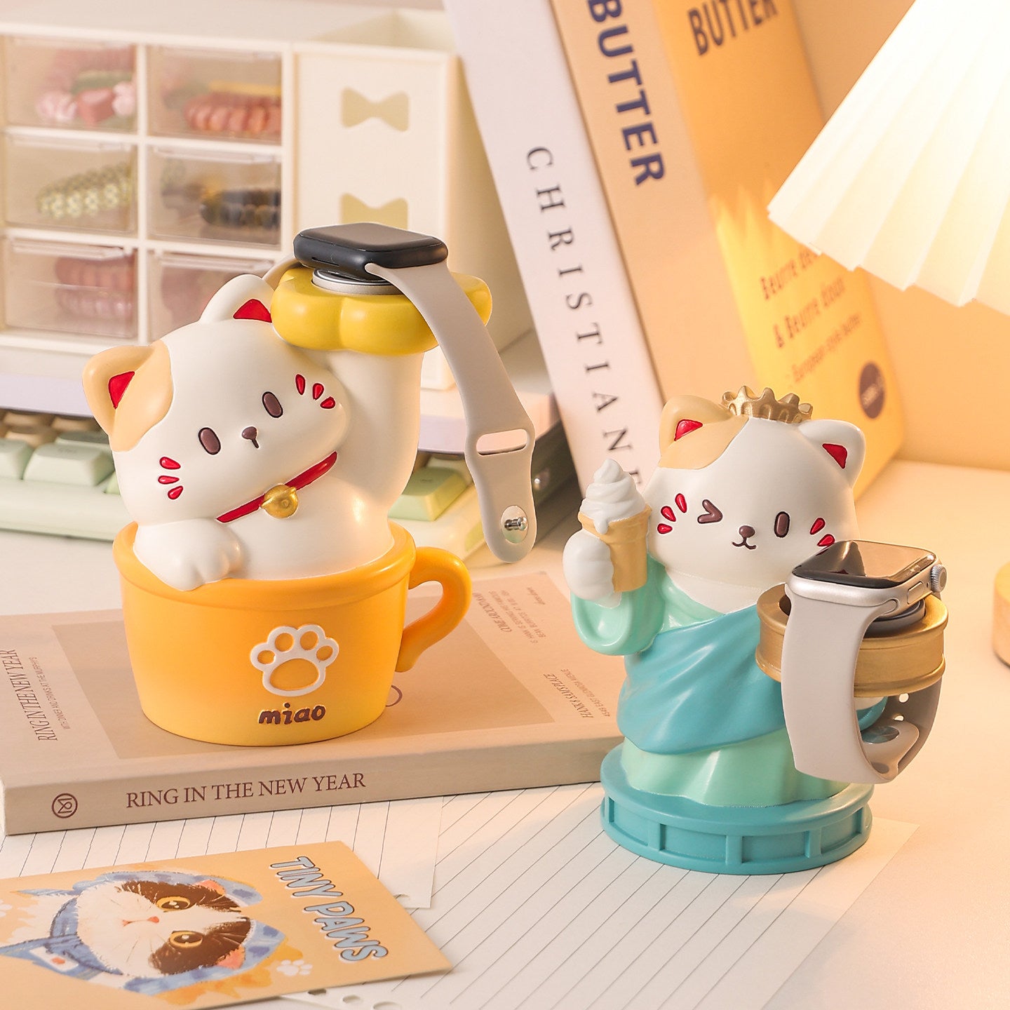 Calico Cat Watch Charger Stand, Cute Resin Desk Decor