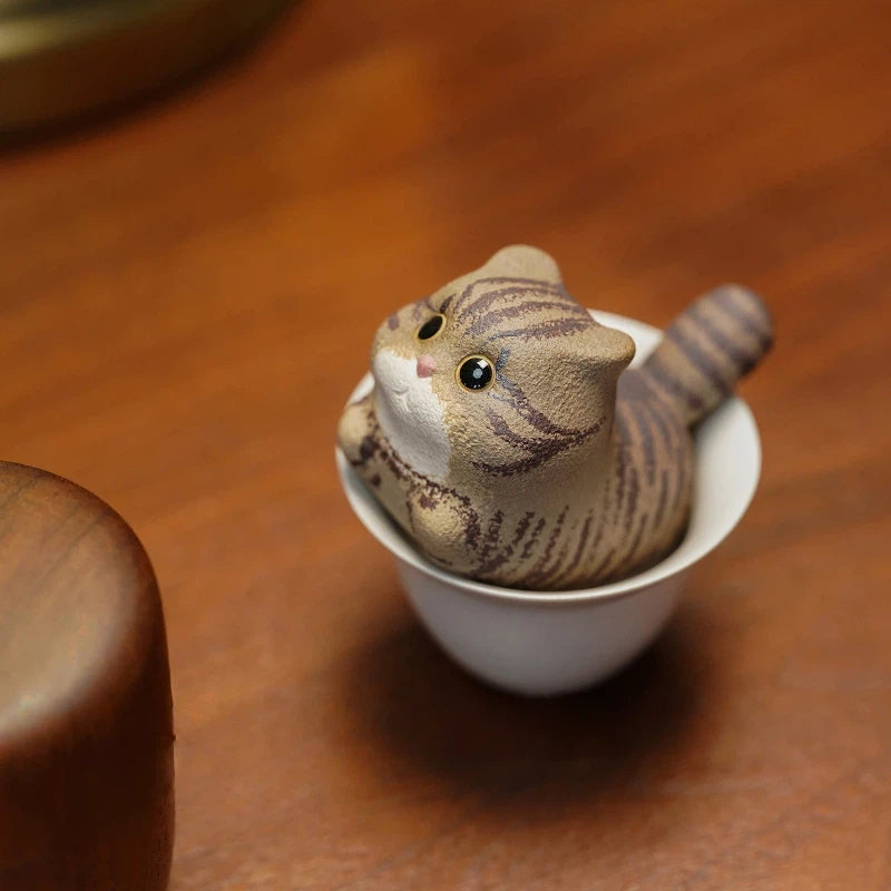 Handmade Miniature Purple Clay Cat Figurine