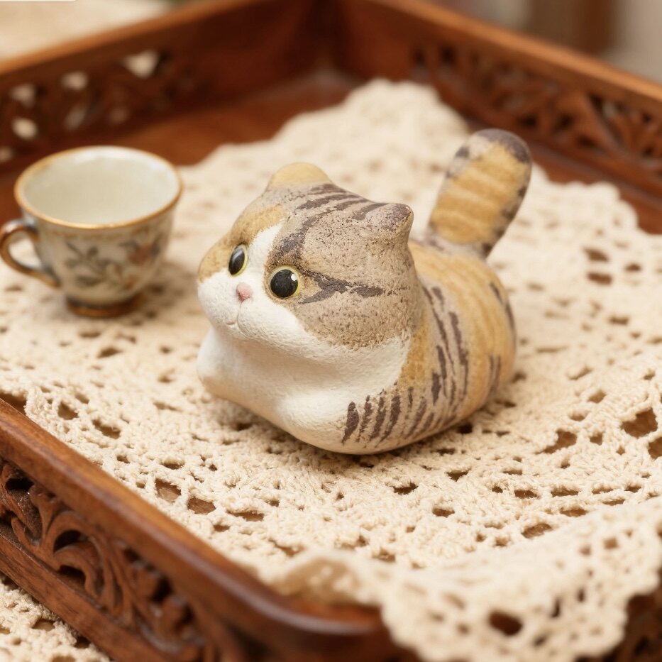 Handmade Miniature Purple Clay Cat Figurine