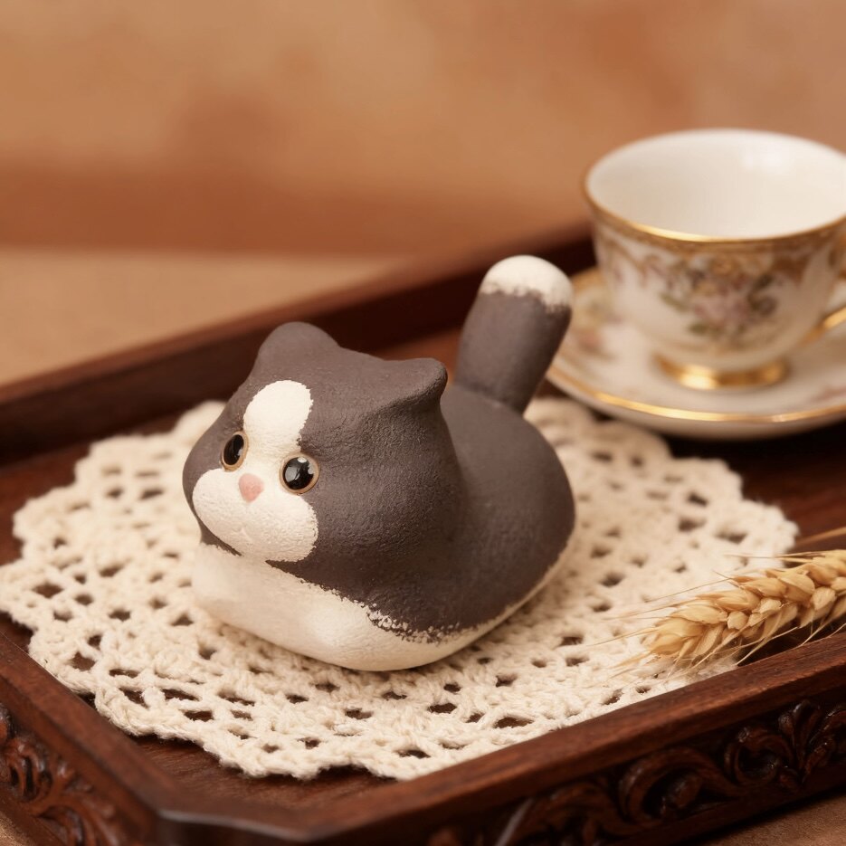 Handmade Miniature Purple Clay Cat Figurine