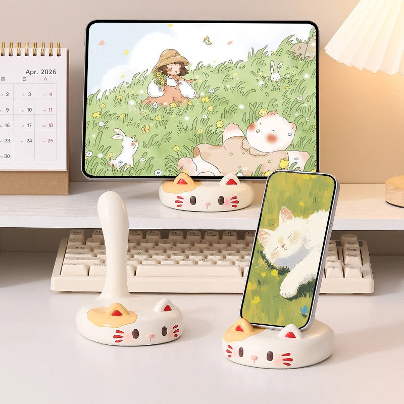 Cute Calico Cat Phone Stand, Kawaii Desk Accessory & Decor for Cat Lovers