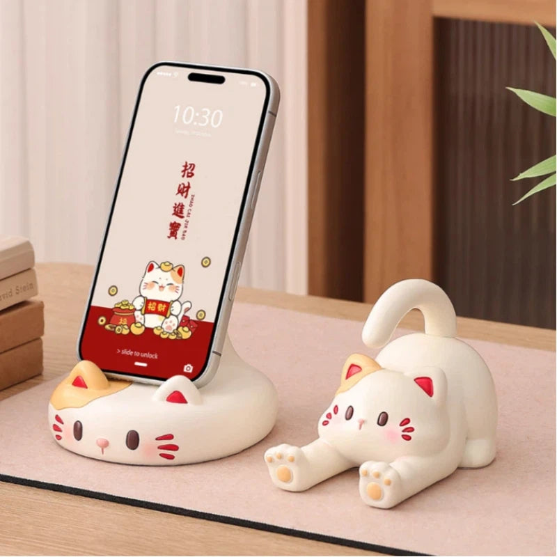 Cute Calico Cat Phone Stand, Kawaii Desk Accessory & Decor for Cat Lovers