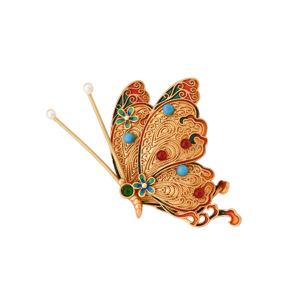 Dunhuang-Style Butterfly Brooch with Natural Agate & Turquoise