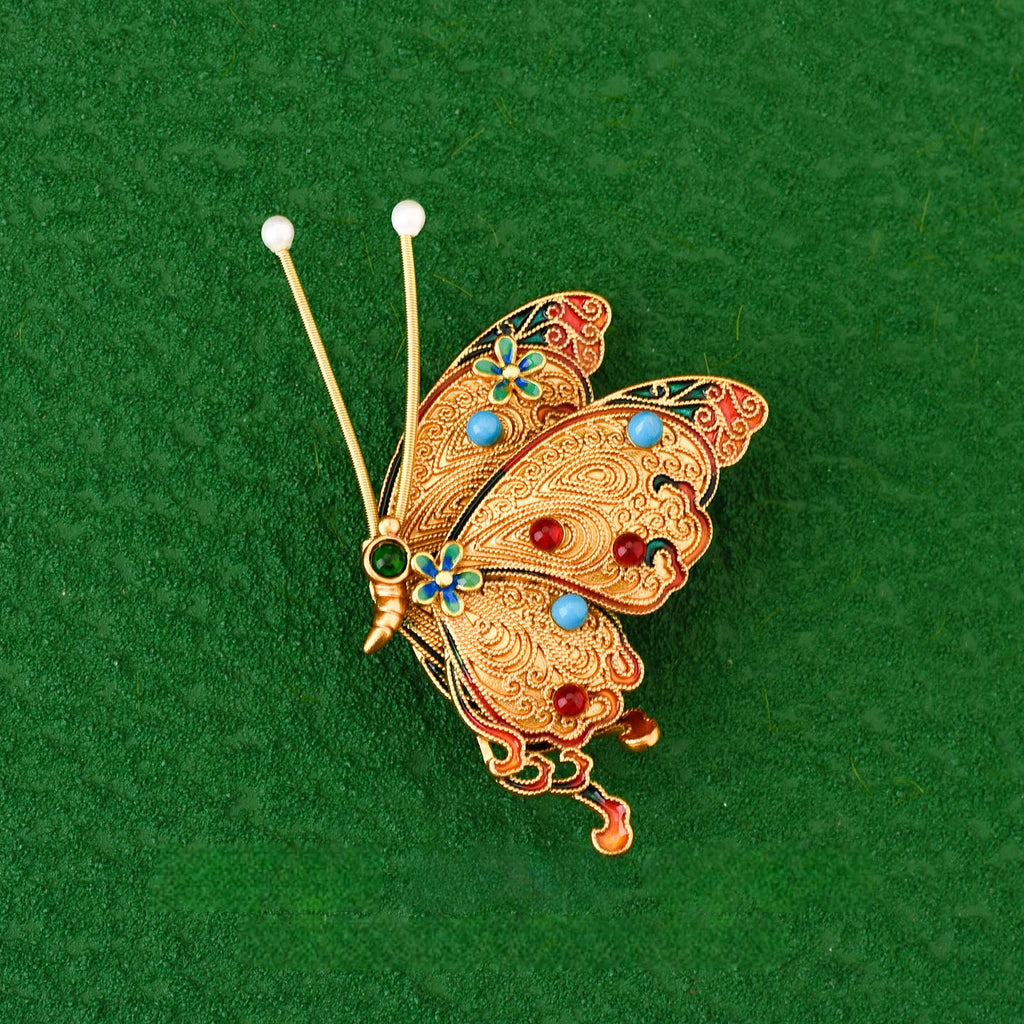 Dunhuang-Style Butterfly Brooch with Natural Agate & Turquoise