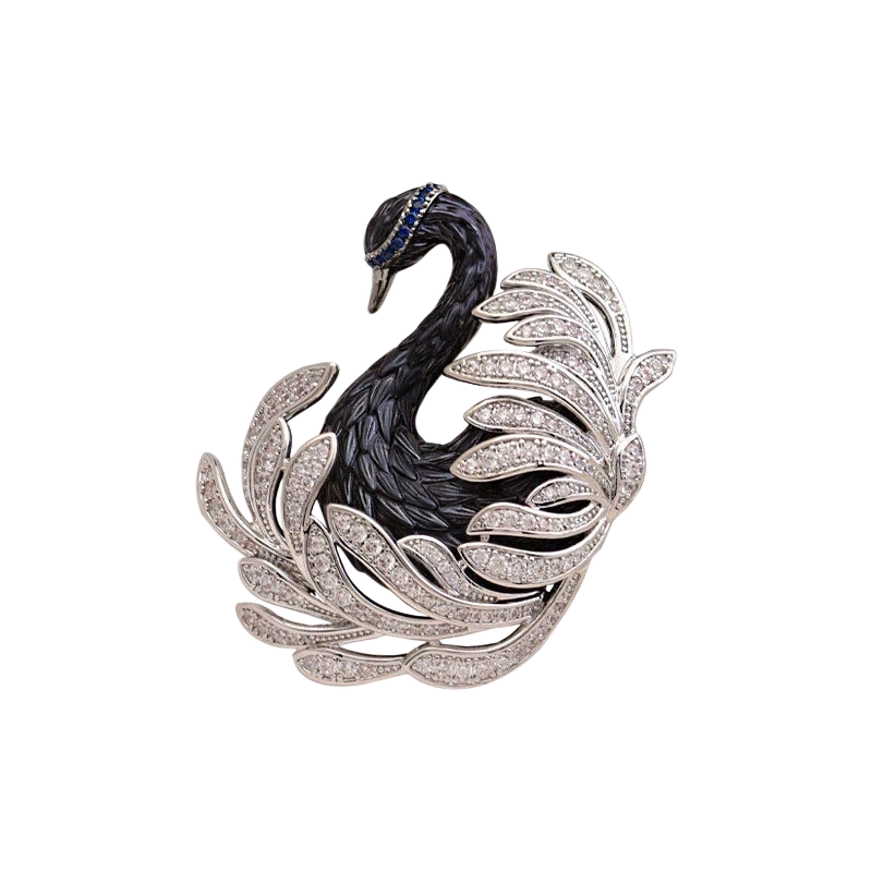 Elegant Black Swan Brooch with Austrian Crystals