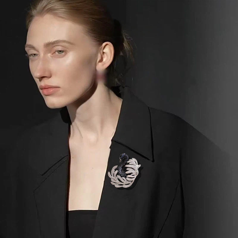 Elegant Black Swan Brooch with Austrian Crystals