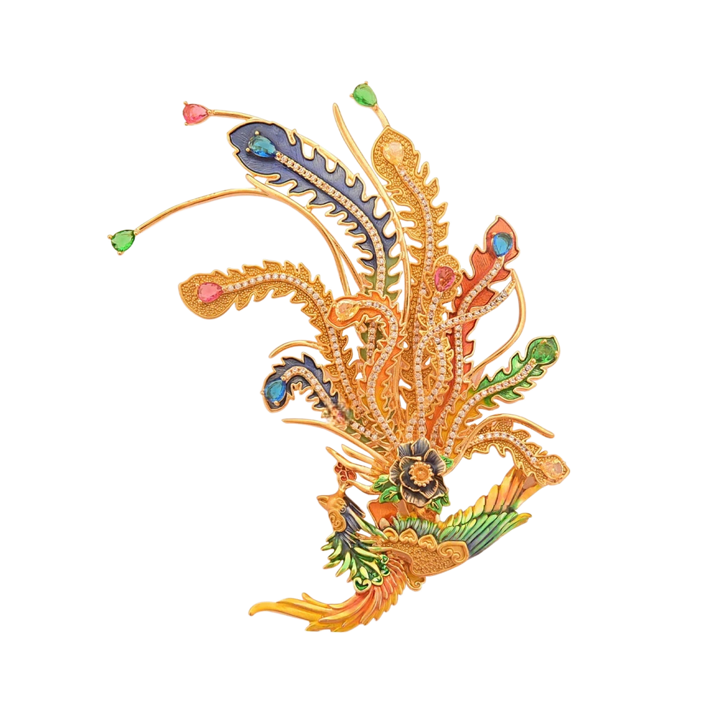 Elegant Chinese Phoenix Brooch with Enamel & Zircon