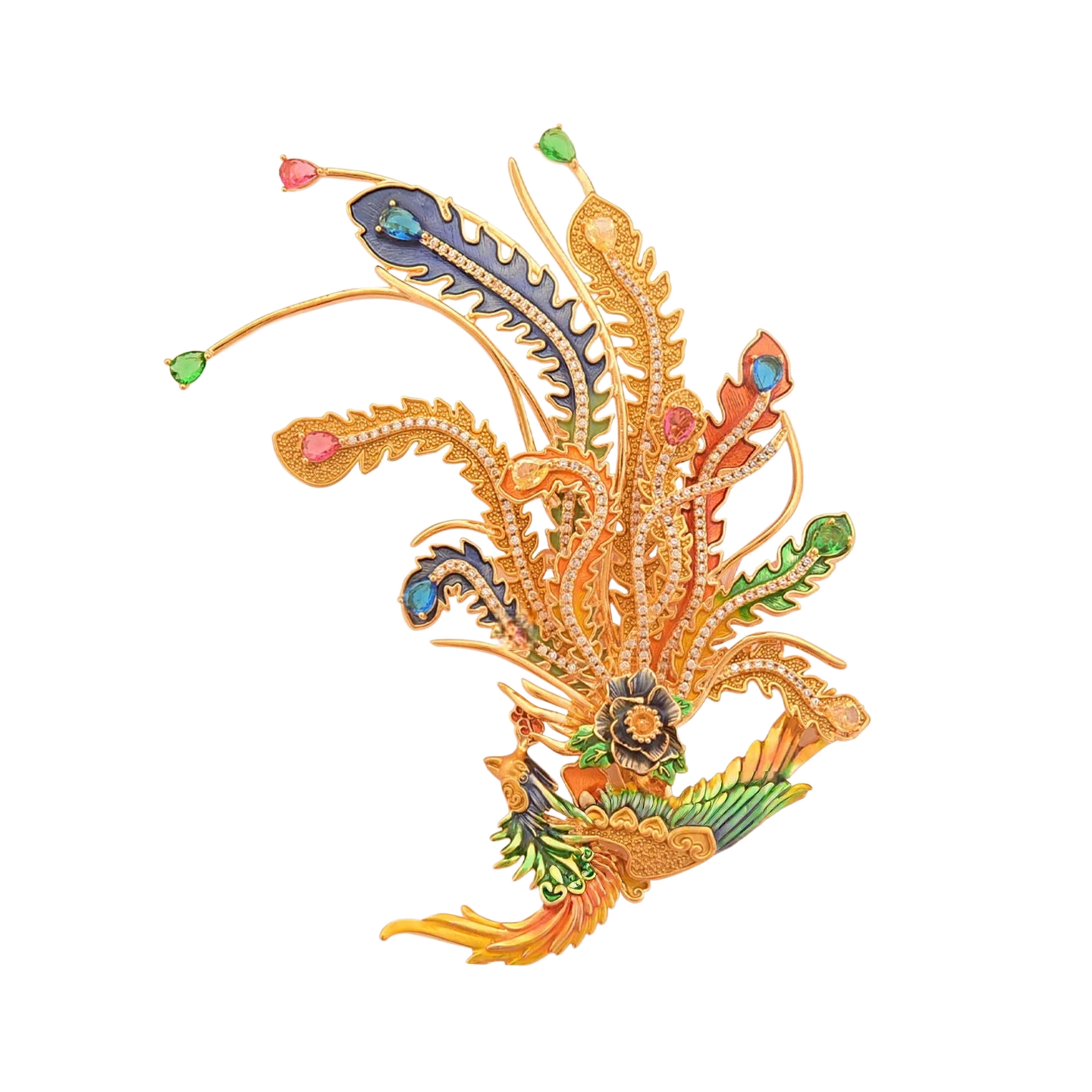 Elegant Chinese Phoenix Brooch with Enamel & Zircon