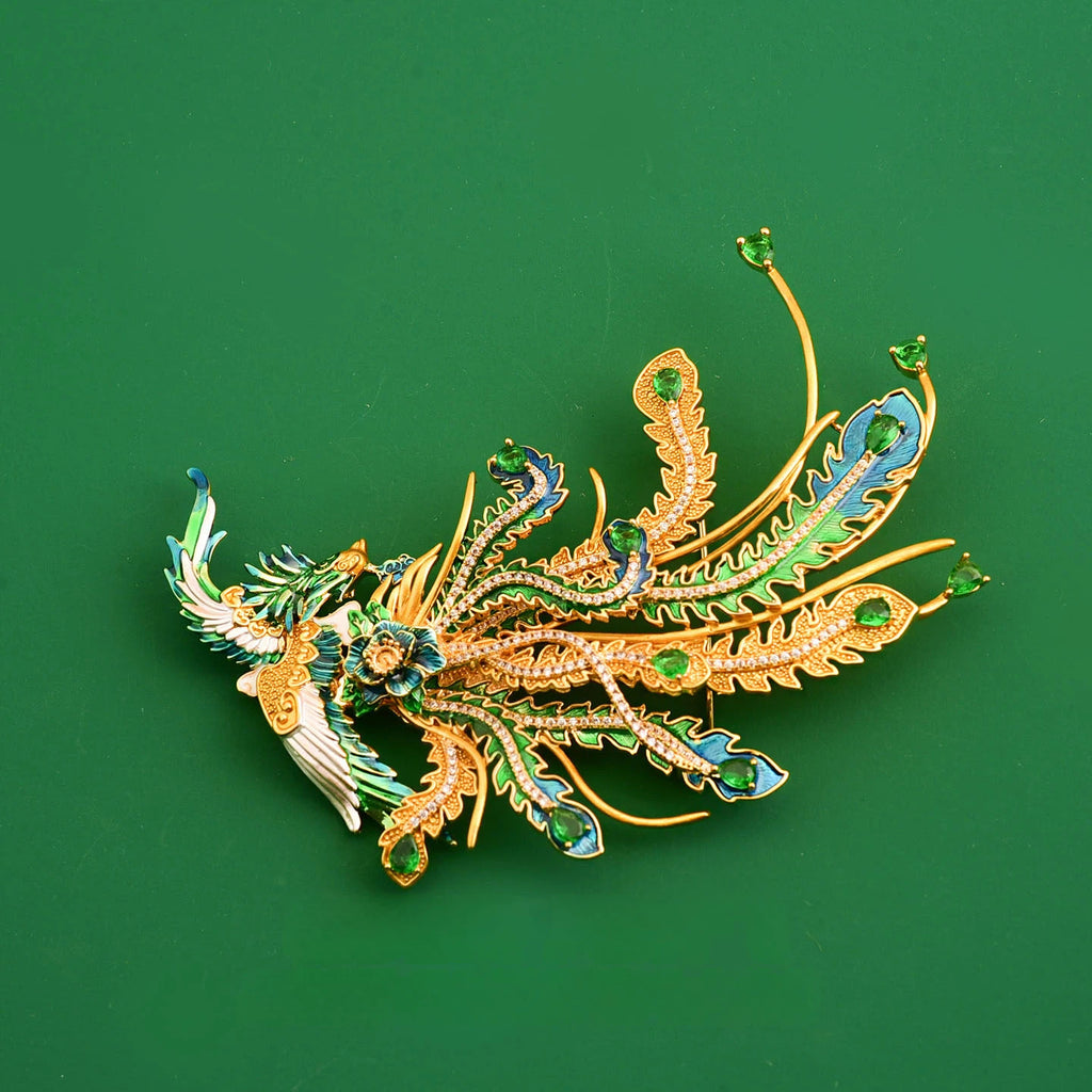 Elegant Chinese Phoenix Brooch with Enamel & Zircon