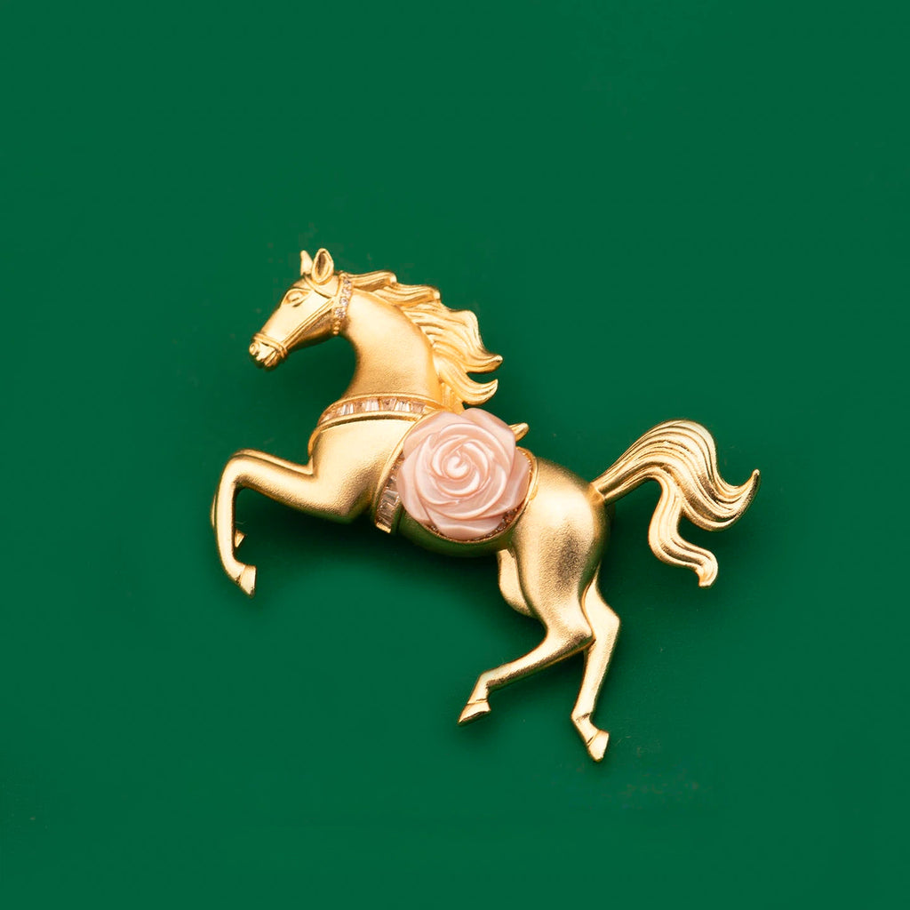 Elegant Rose & Horse Brooch with Pink Shell
