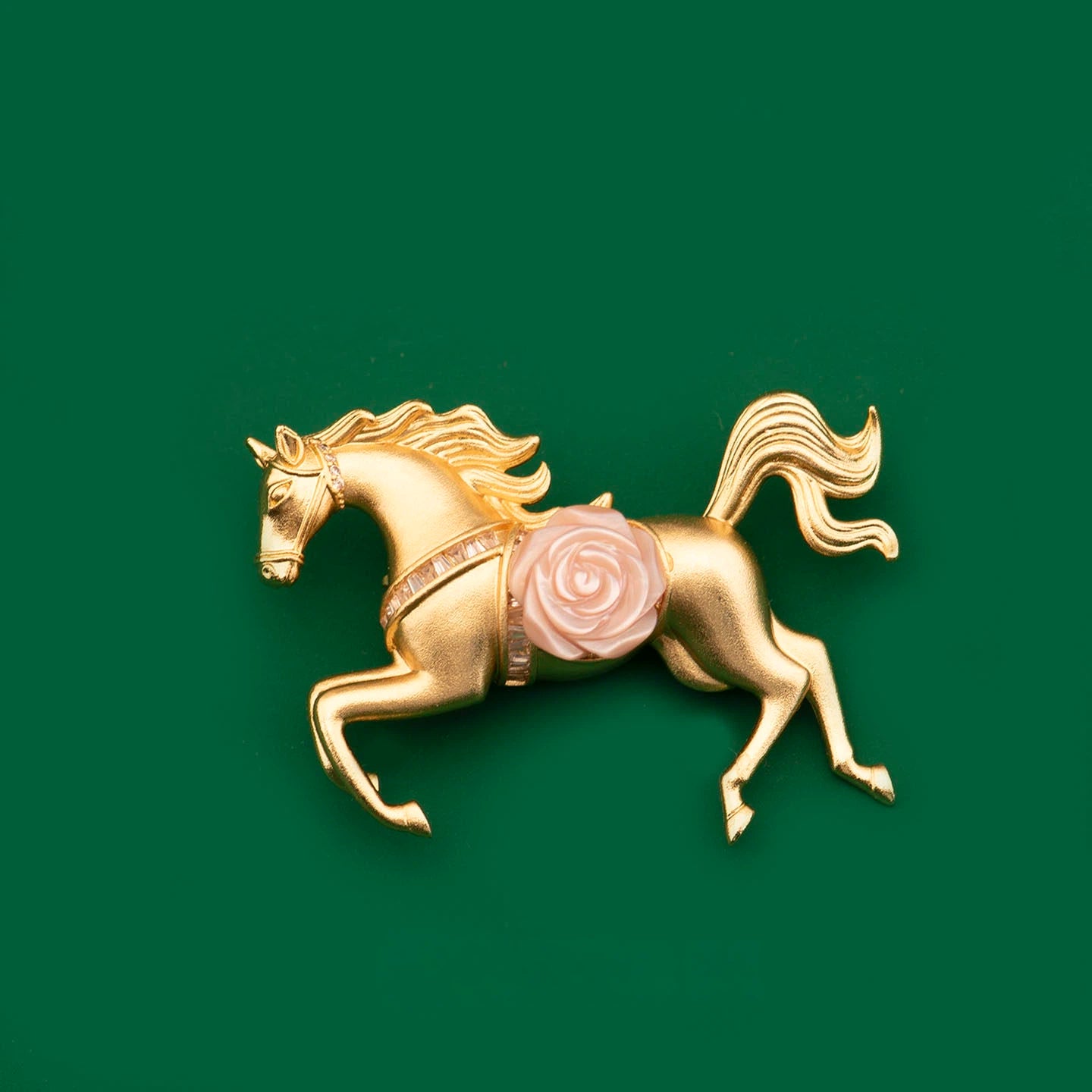 Elegant Rose & Horse Brooch with Pink Shell