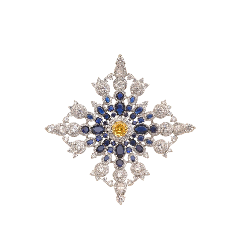 Elegant Blue Crystal Snowflake Brooch, Luxury Silver Pin for Suits & Coats