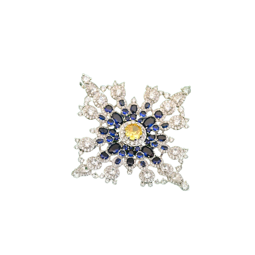 Elegant Blue Crystal Snowflake Brooch, Luxury Silver Pin for Suits & Coats