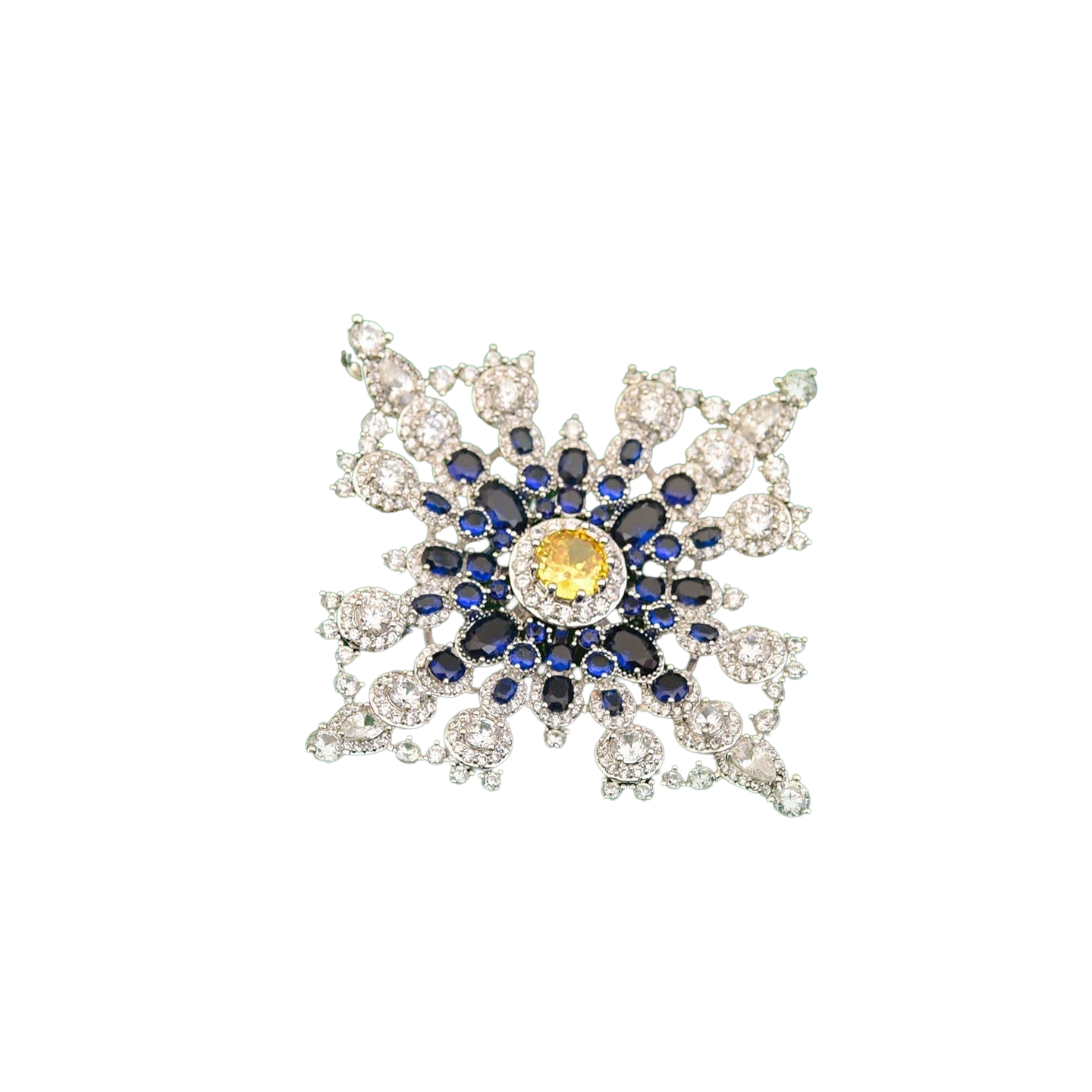Elegant Blue Crystal Snowflake Brooch, Luxury Silver Pin for Suits & Coats
