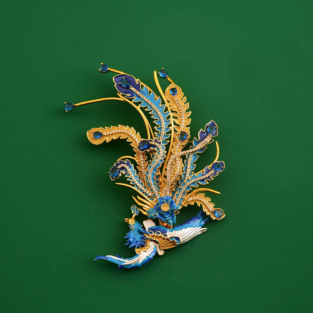 Elegant Chinese Phoenix Brooch with Enamel & Zircon