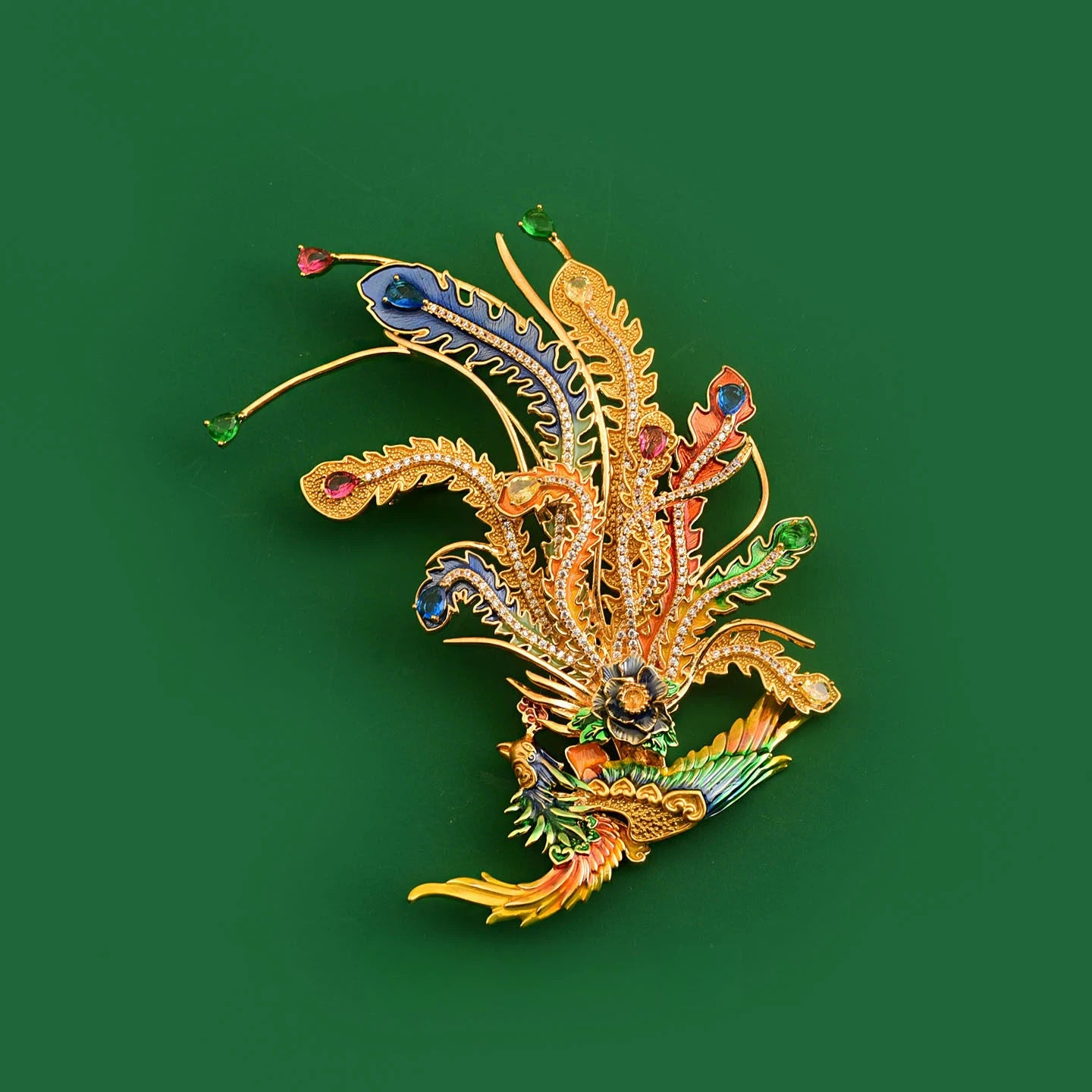 Elegant Chinese Phoenix Brooch with Enamel & Zircon
