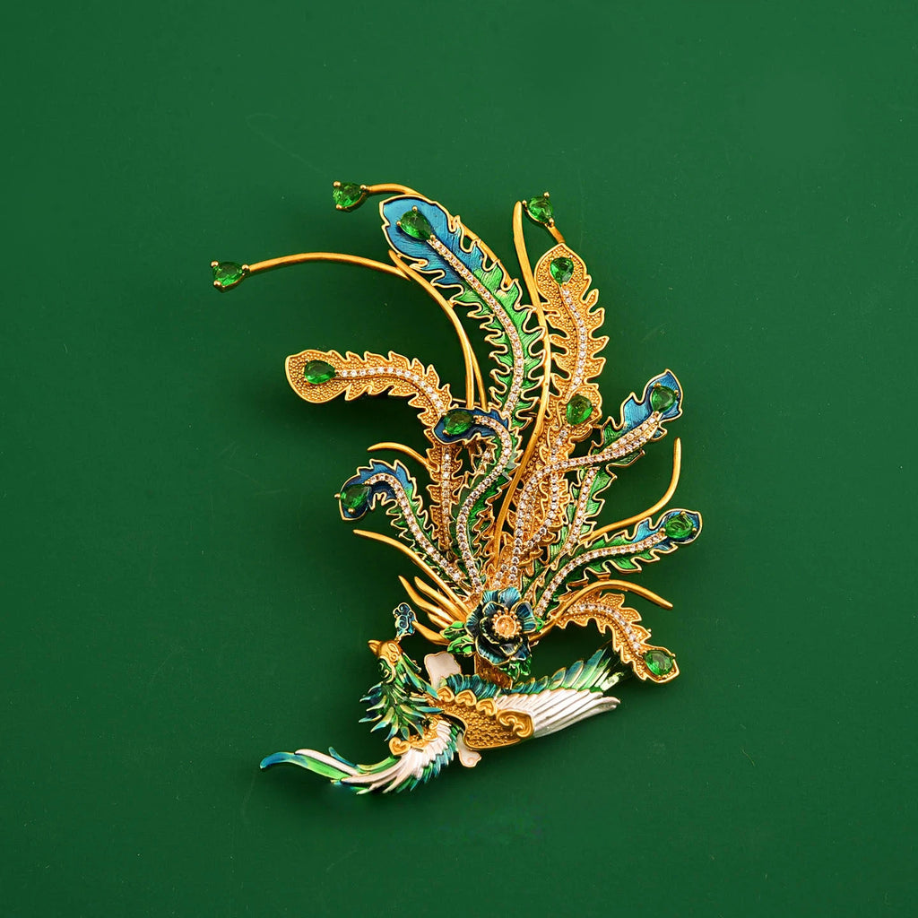 Elegant Chinese Phoenix Brooch with Enamel & Zircon