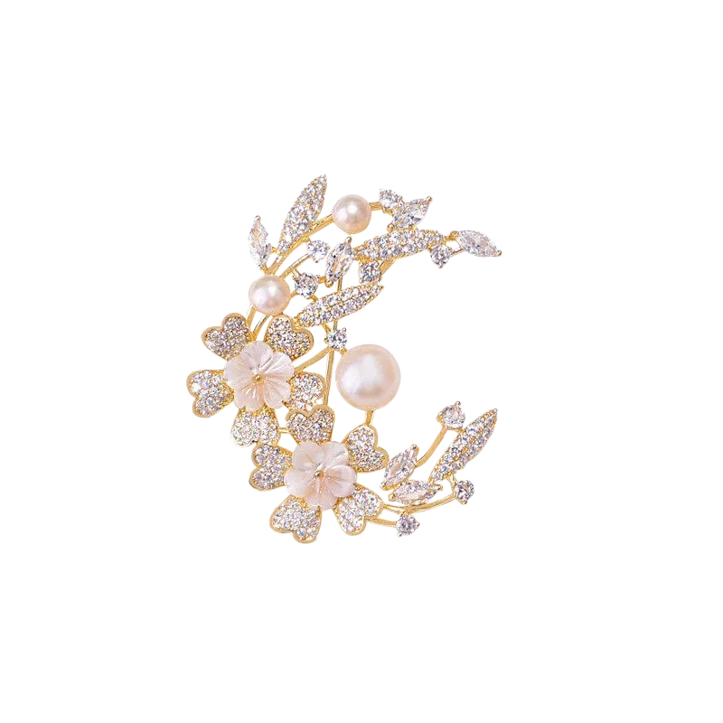 Elegant Laurel Goddess Brooch with Natural Pearls and Shell Flowers