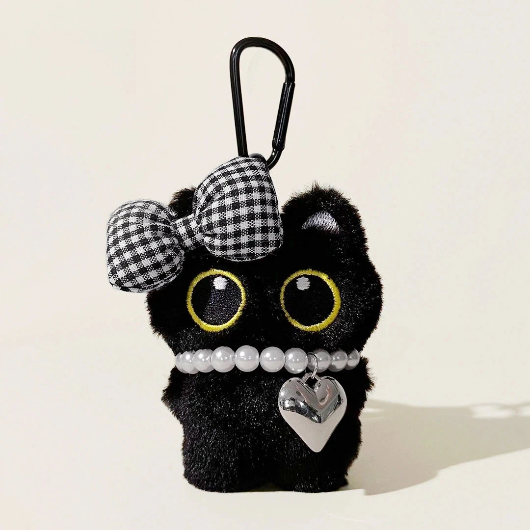 Gentleman Black Cat Bag Charm - Black White Plaid Black Cat variant