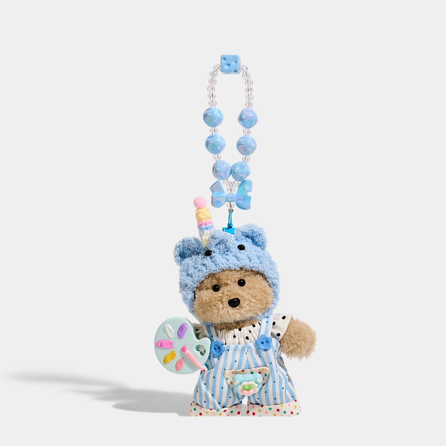 Bear Bag Charm - Soft Plush Keychain Gift - Bear Painter Beaded Chain Blue Hood variant