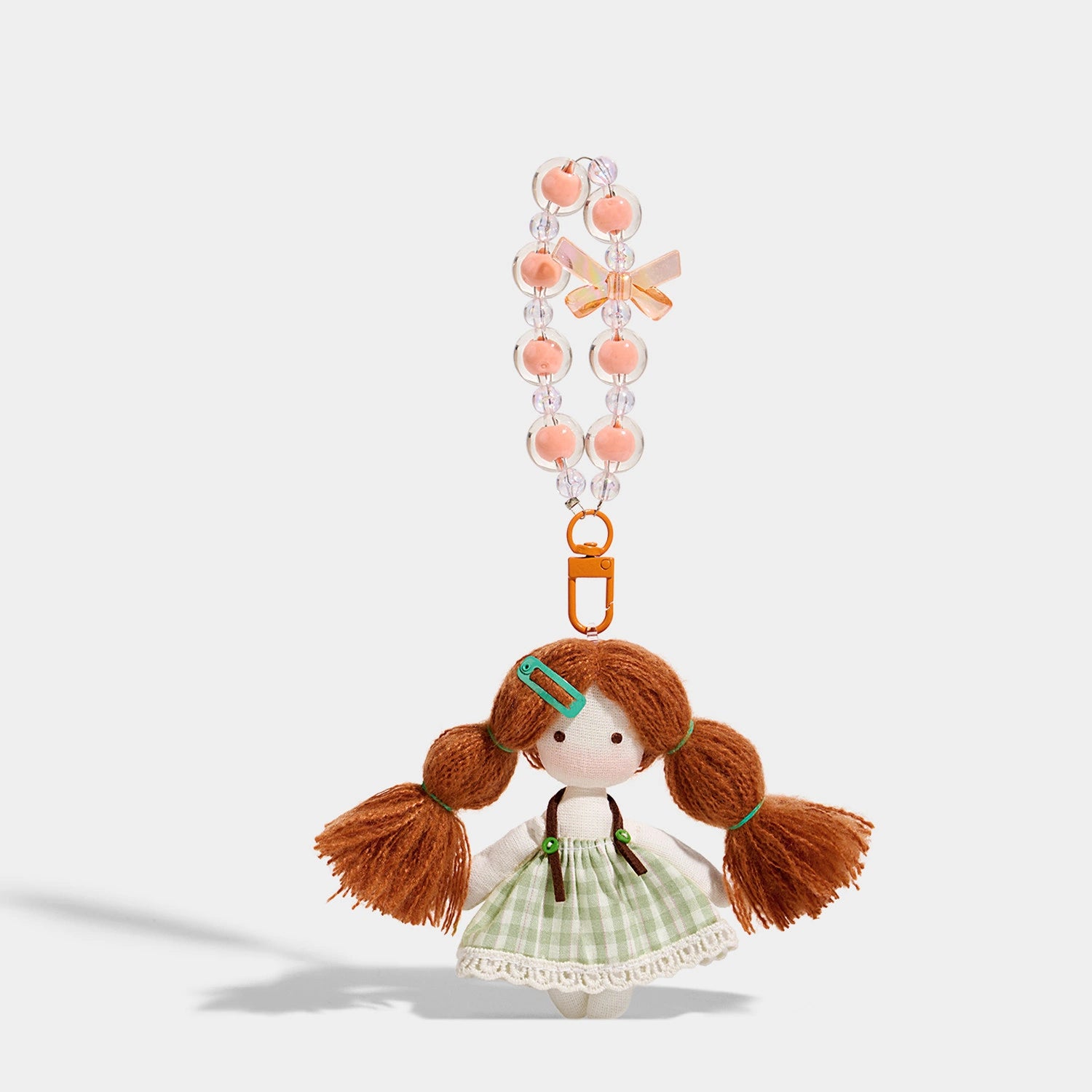 Bear Bag Charm - Soft Plush Keychain Gift - Girl Beaded Orange Hair Green Dress variant