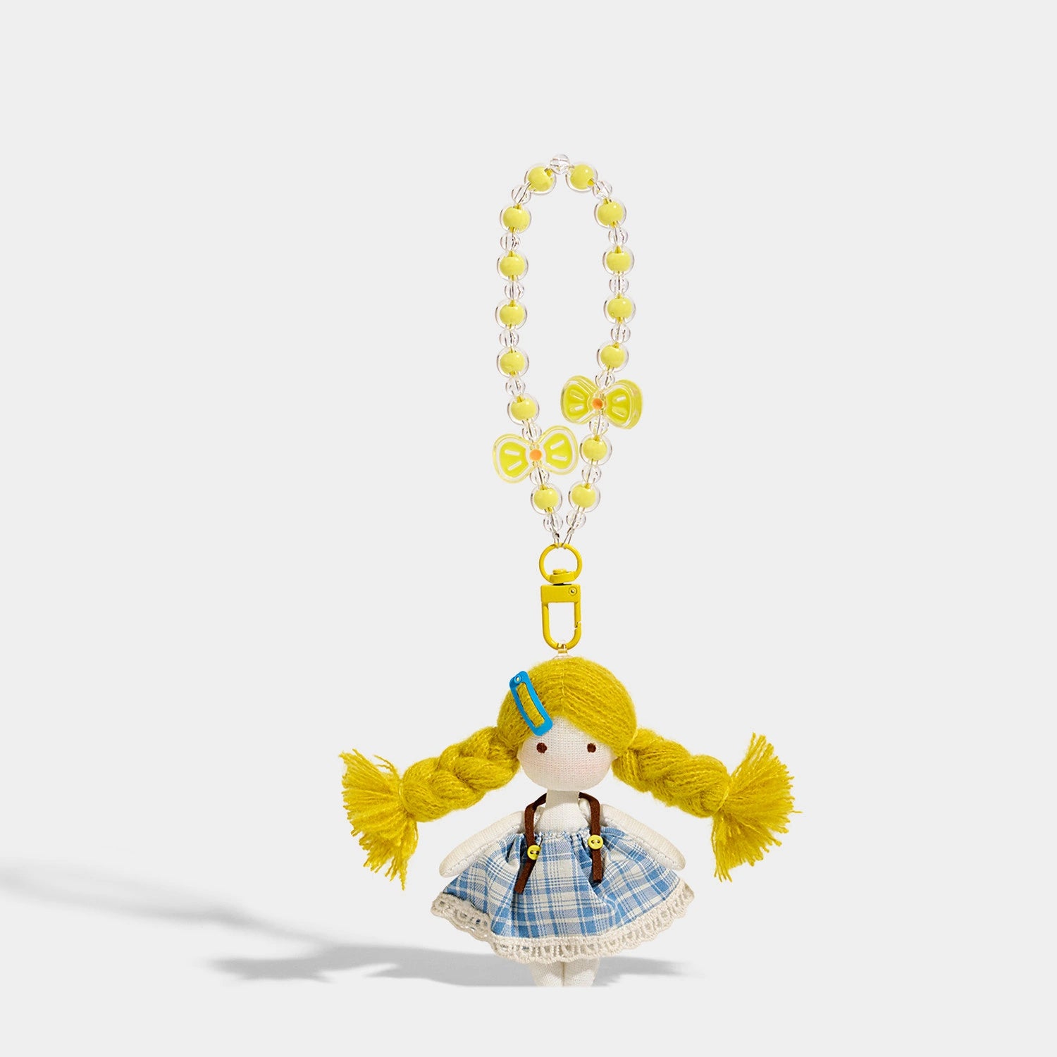 Bear Bag Charm - Soft Plush Keychain Gift - Girl Beaded Blonde Hair Blue Plaid Dress variant