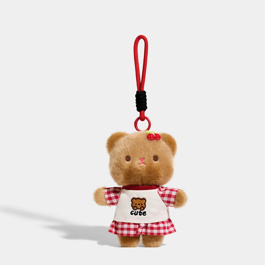 Bear Bag Charm - Soft Plush Keychain Gift - Bear Hugging Red Plaid variant