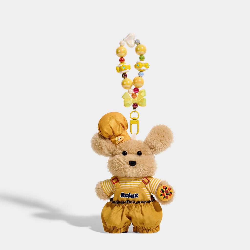 Bear Bag Charm - Soft Plush Keychain Gift - Puppy Beaded Chain Overalls Hat variant