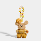 Bear Bag Charm - Soft Plush Keychain Gift - Puppy Beaded Chain Overalls Hat variant