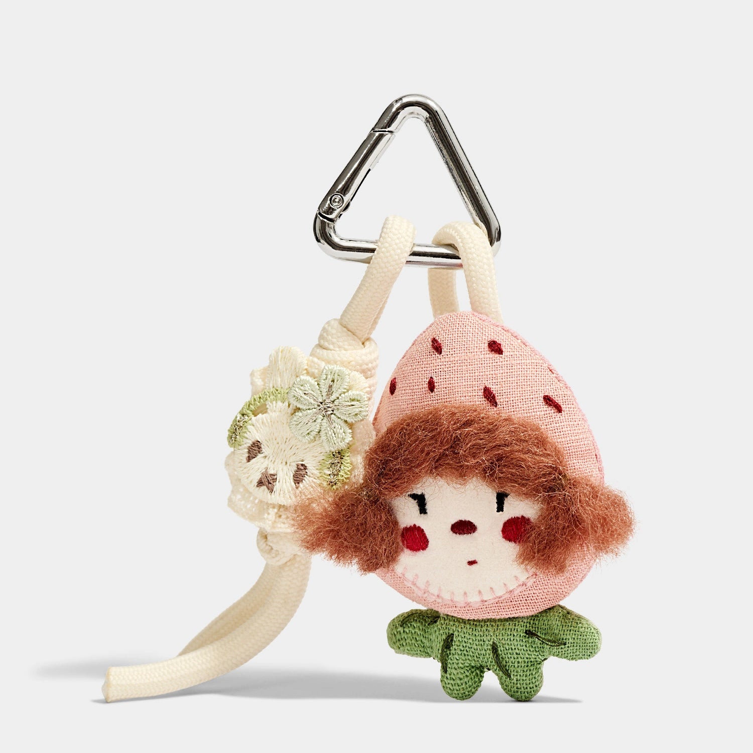 Strawberry Girl Fabric Bag Charm angled product view showing strawberry-hood girl
