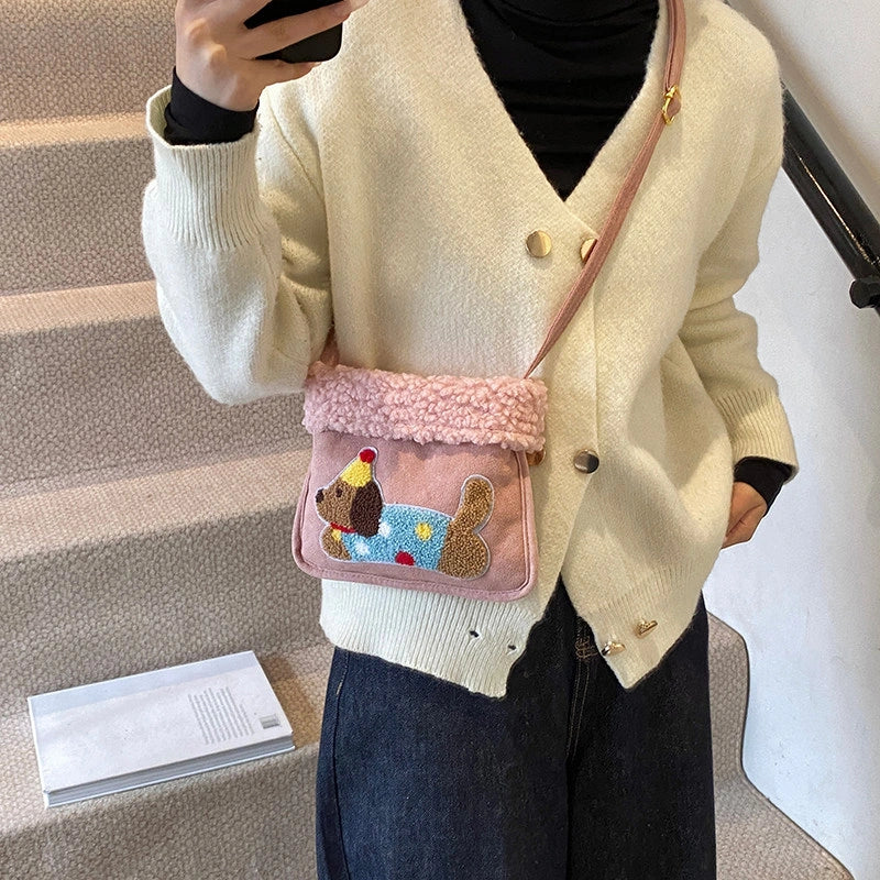 Party Hat Puppy Crossbody Bag with Curly-Textured Trim, product view 3.