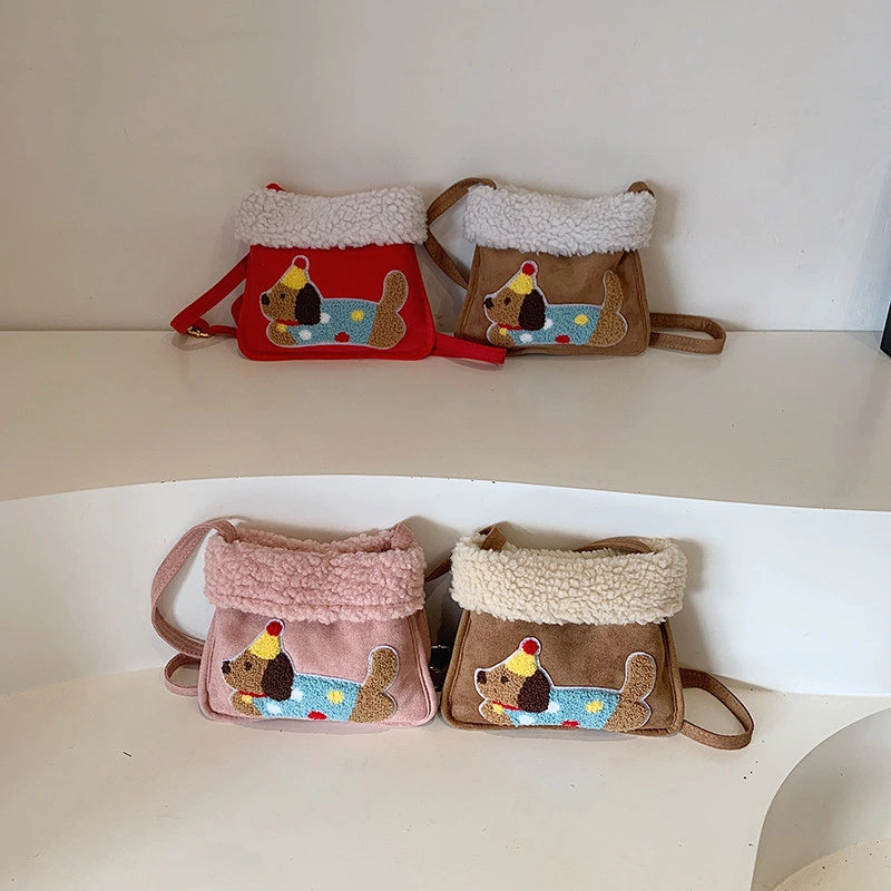 Party Hat Puppy Crossbody Bag with Curly-Textured Trim, product view 4.