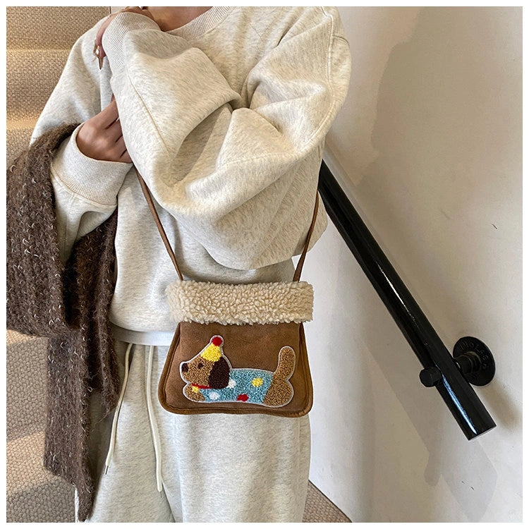 Party Hat Puppy Crossbody Bag with Curly-Textured Trim, product view 8.