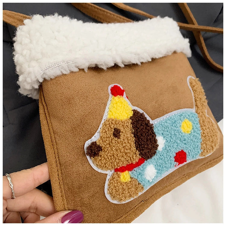 Party Hat Puppy Crossbody Bag with Curly-Textured Trim, product view 11.