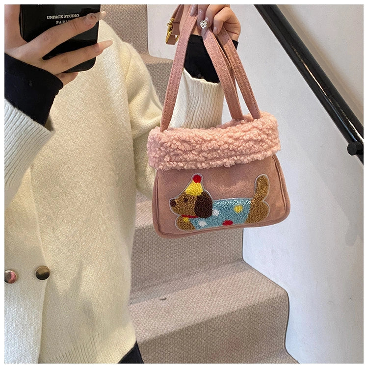 Party Hat Puppy Crossbody Bag with Curly-Textured Trim, product view 14.