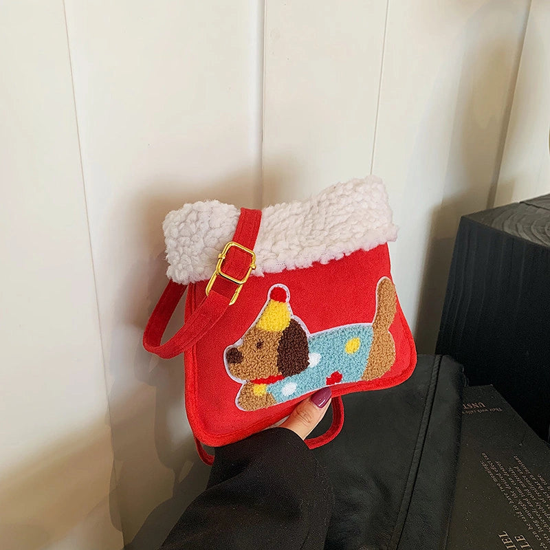 Party Hat Puppy Crossbody Bag with Curly-Textured Trim in Red.