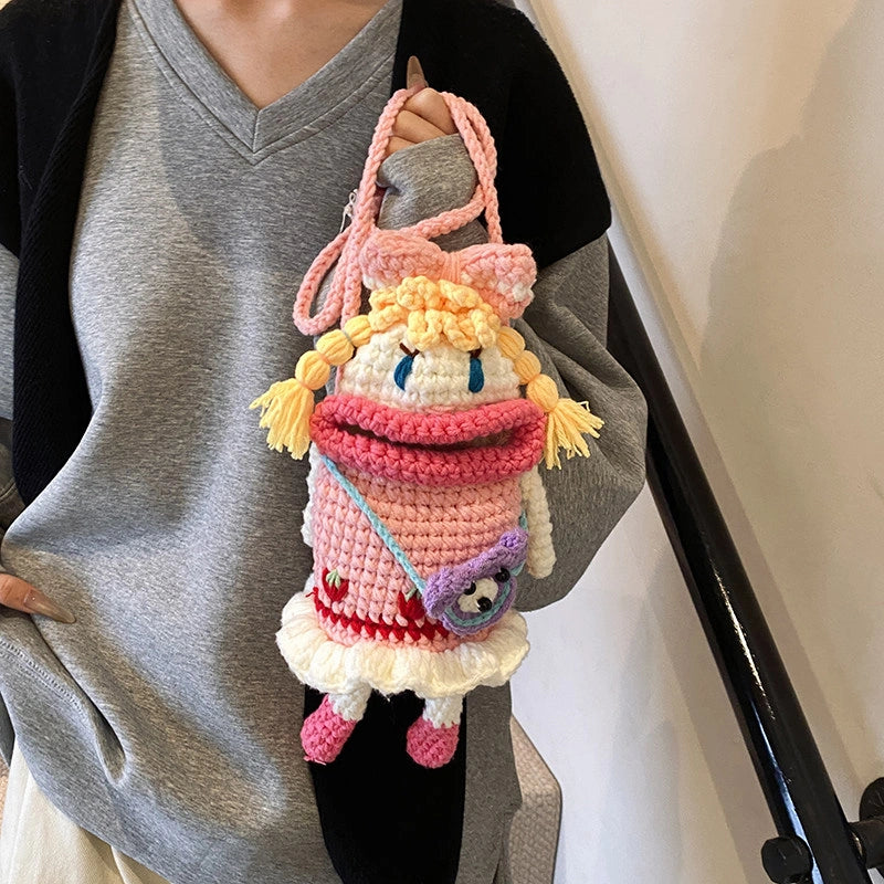 Pink Knit Cartoon Character Crossbody Phone Pouch, product view 2.