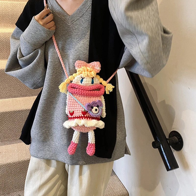 Pink Knit Cartoon Character Crossbody Phone Pouch, product view 3.
